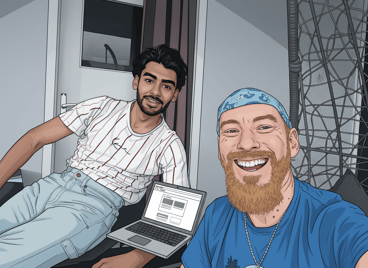 Comic-book–style AI rendering of Daniel Kruger and Yousf, a laptop open between them