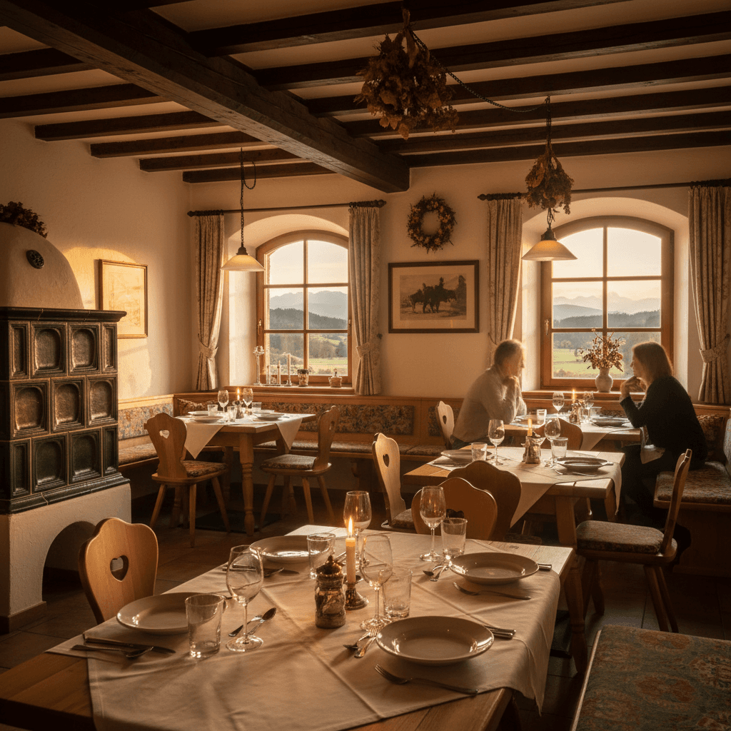 Warm, inviting family-run restaurant dining room at golden hour