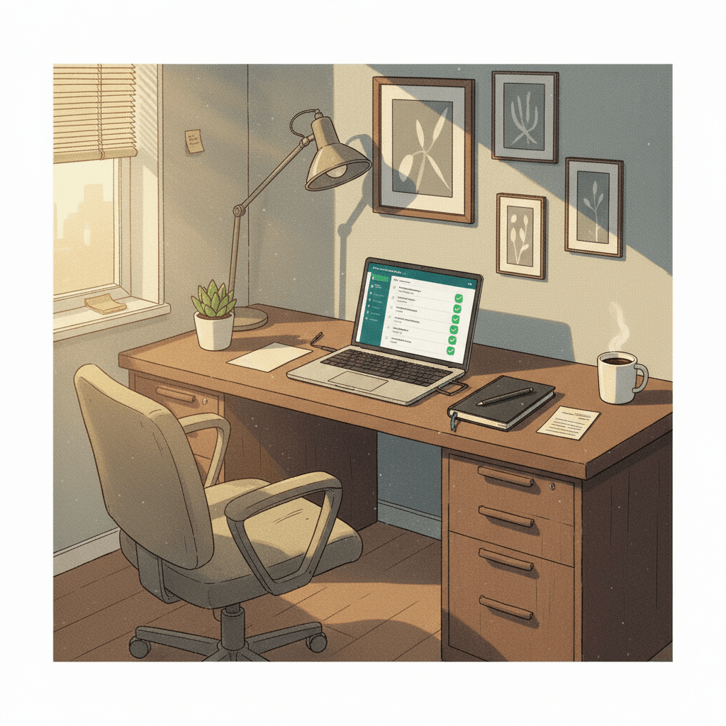 AI illustration of the same desk, tidy, with one laptop showing an automated registration dashboard