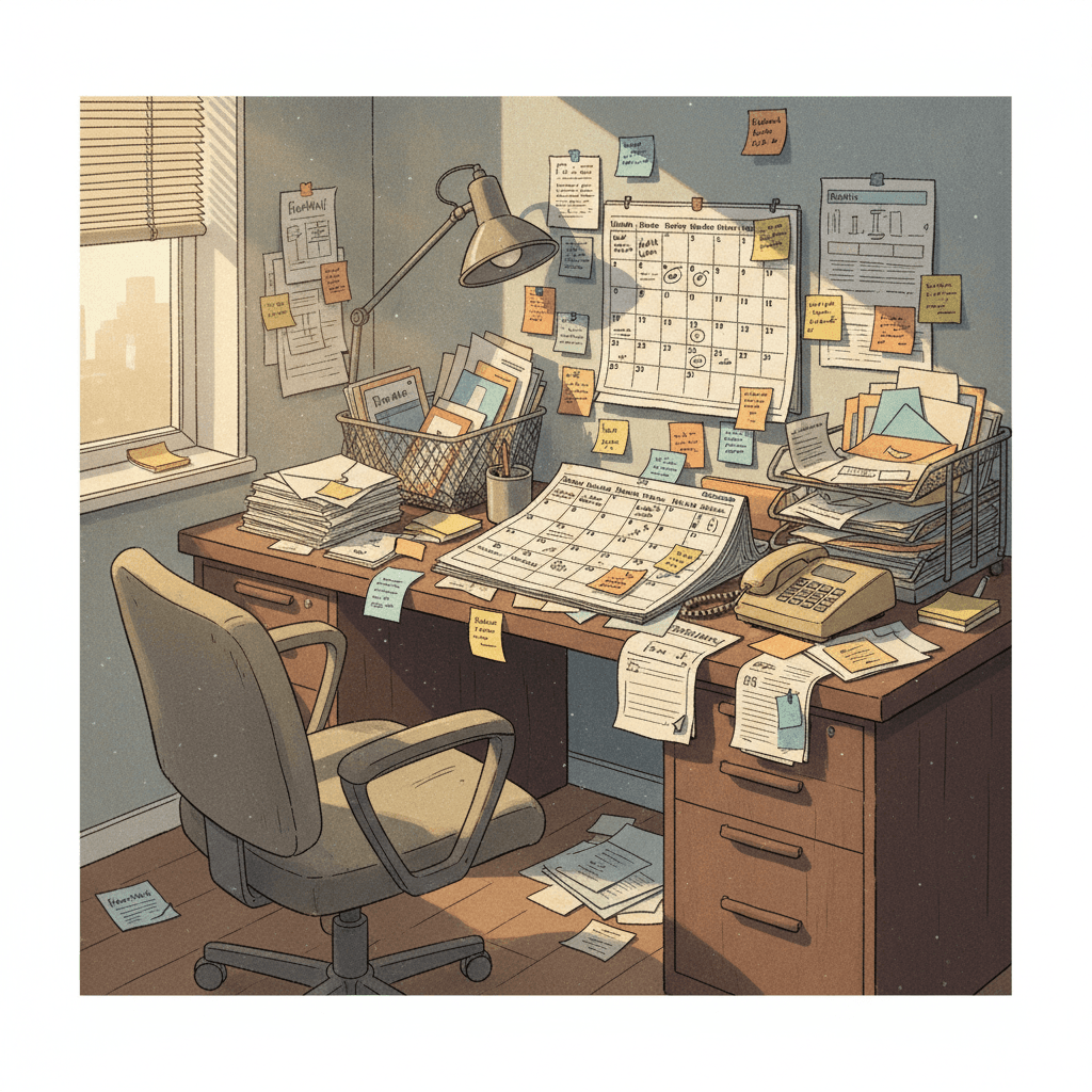 AI illustration of a desk buried in paper event-registration forms and sticky notes