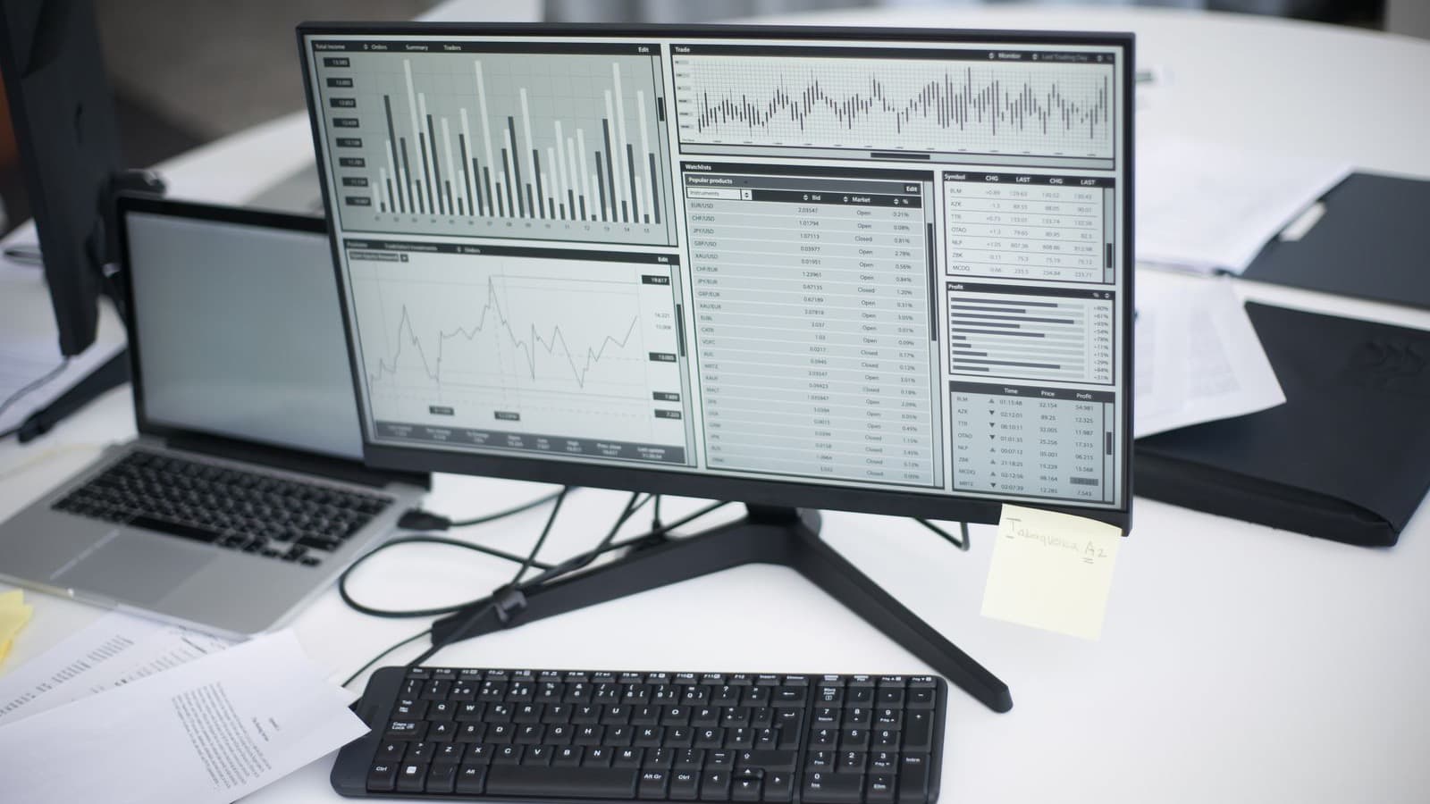 A business data dashboard on a monitor beside a laptop on a clean office desk