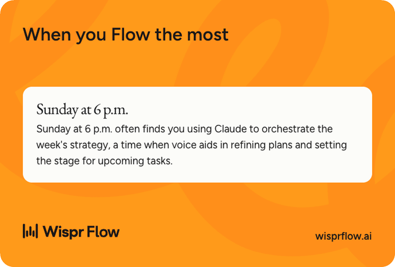 Wispr Flow peak-time card — Sunday at 6 p.m., using Claude to orchestrate the week