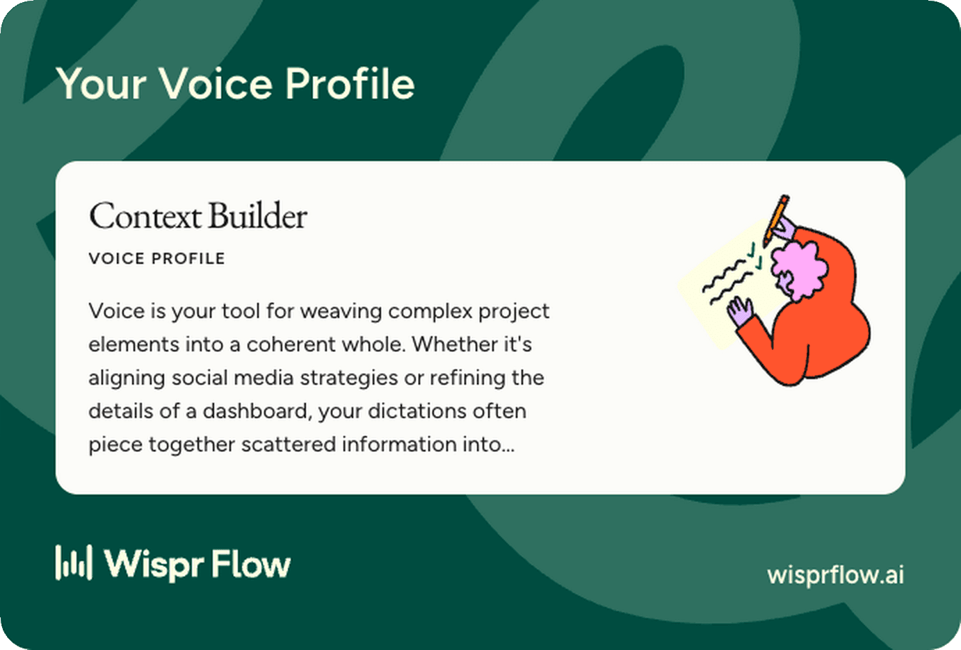 Wispr Flow voice-profile card labelled Context Builder