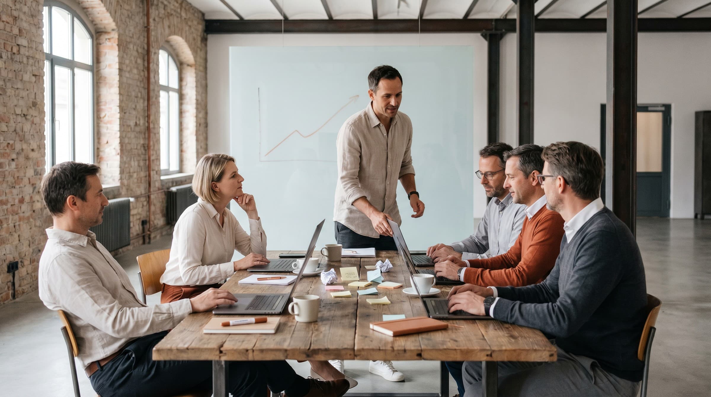 A small AI workshop for SME owners — five participants on laptops around a long reclaimed-wood table, the facilitator mid-stride at a glass writing board showing an ascending copper-orange line chart, in a converted industrial workspace with arched windows and exposed brick.